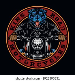 Motorcycle vintage round badge with inscriptions and ferocious panther in biker jacket riding motorbike isolated vector illustration