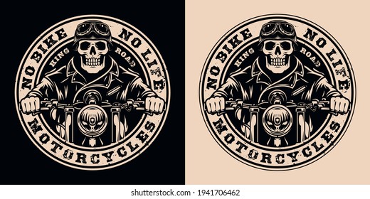 Motorcycle vintage round label with letterings and skeleton bikers riding motorbike in monochrome style isolated vector illustration