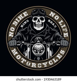 Motorcycle vintage round print with skeleton in biker jacket helmet and goggles riding motorbike isolated vector illustration