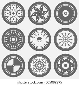 Motorcycle wheel icons. Set of different wheels symbols, vector motorcycle logo concept