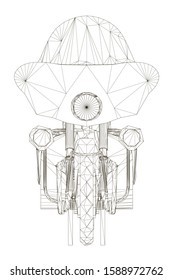 Motorcycle wireframe made of black lines Isolated on a white background. Front view. Vector illustration