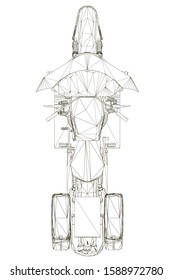 Motorcycle wireframe made of black lines Isolated on a white background. View from above. Vector illustration