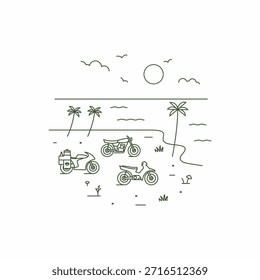 Motocicletas en la Ilustración vectorial de arte de la línea de playa. Disfrutando del ambiente indonesio de la playa en motocicleta. Diseño de camiseta de motocicleta de turismo