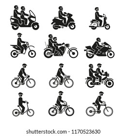 Motorcycles and bicycles icons. Moto vehicles with persons biker and cyclist vector pictograms isolated on white background. Illustration of motorcycle transport, bike and bicycle