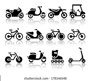 Motorcycles and bicycles set of black icons. Vector illustrations, silhouettes isolated on white background