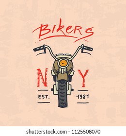 Motorcycles and biker club template. Vintage custom emblem, label badge for t shirt. Monochrome retro style. Classic sport motorbike with racing gasoline. Hand drawn engraved sketch