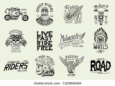 Motorcycles and biker club templates. Vintage custom skull emblems, labels badges for t shirt. Monochrome retro style. Classic racing sport motorbike. vector elements. Hand drawn engraved sketch