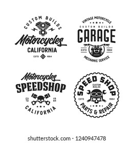 Motorcycles california t-shirt design set. Line art style motor engine skull wrench icon symbol. Vector vintage illustration.