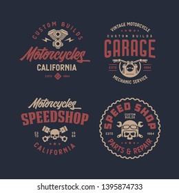 Motorcycles california t-shirt design set. Line art style motor engine skull wrench icon symbol. Vector vintage illustration.