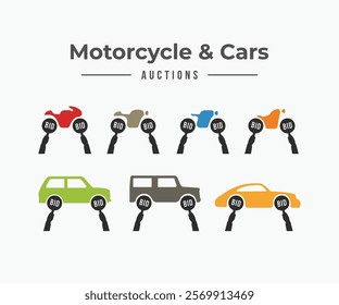 Motorcycles and Cars with hand holding bid paddles logo collections. Automotive auction symbol, icon, poster, banner design concept. Vector illustration template