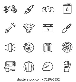 Motorcycles, collection of icons in a linear style. Details and attributes for riding a motorcycle. Line with editable stroke.