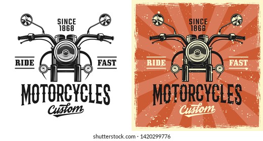 Motorcycles custom service vector emblem, badge, label, logo or t-shirt print in two styles monochrome and vintage colored with removable grunge textures