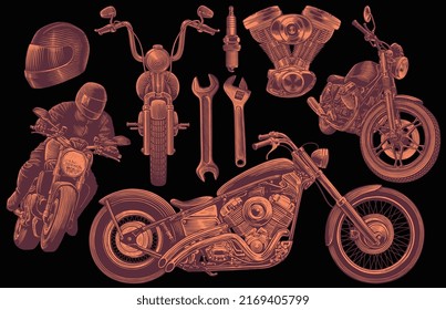 Motorcycles. Design set. Editable hand drawn illustration. Vector vintage engraving. 8 EPS