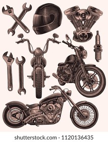 Motorcycles. Design set. Hand drawn engraving. Editable vector vintage illustration. Isolated on white background. 8 EPS