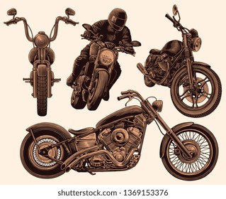 Motorcycles. Design set. Hand drawn engraving. Editable vector vintage illustration. Isolated on light background. 8 EPS