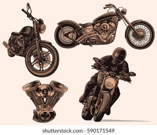 Motorcycles. Design set. Hand drawn engraving. Vector vintage illustration. Isolated on color background. 8 EPS