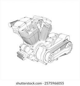 Motorcycles engine V-twin line drawing technical blueprints Illustration Isometric view. vector isolated on transparent background