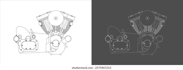 Motorcycles engine V-twin Side view line drawing technical blueprints Illustration. vector isolated on white and gray background