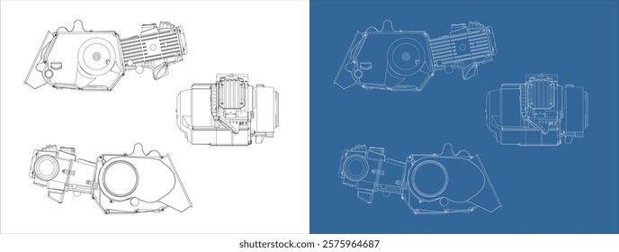 Motorcycles engines 100cc line drawing technical blueprints illustration vector. isolated on transparent background