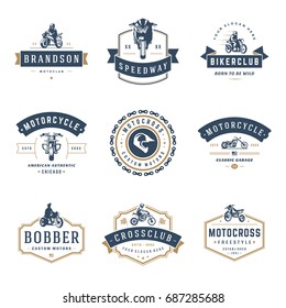 Motorcycles logos templates vector design elements set, vintage style emblems and badges retro illustration. Classic biker clubs, sport motorbike silhouettes.