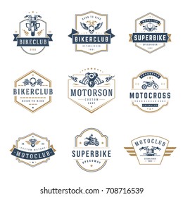 Motorcycles logos templates vector design elements set, vintage style emblems and badges retro illustration. Classic biker clubs, sport motorbike silhouettes.