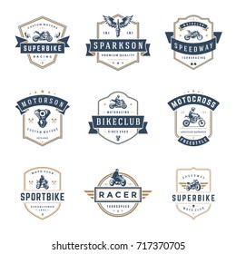 Motorcycles logos templates vector design elements set, vintage style emblems and badges retro illustration. Classic biker clubs, sport motorbike silhouettes.