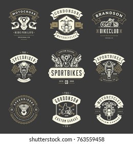 Motorcycles logos templates vector design elements set, vintage style emblems and badges retro illustration. Classic biker clubs, sport motorbike silhouettes.