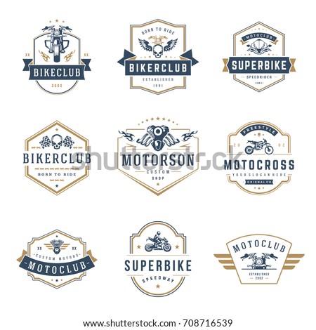 Motorcycles logos templates vector design elements set, vintage style emblems and badges retro illustration. Classic biker clubs, sport motorbike silhouettes.