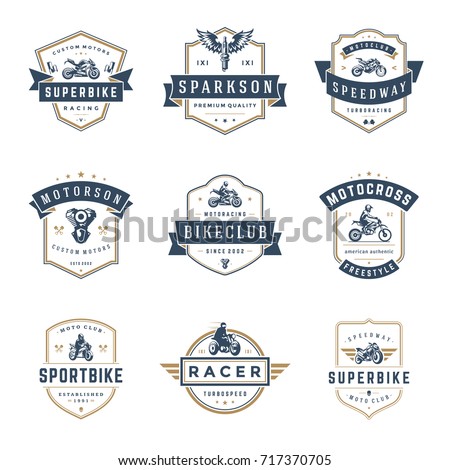 Motorcycles logos templates vector design elements set, vintage style emblems and badges retro illustration. Classic biker clubs, sport motorbike silhouettes.