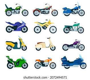 Motocicletas, motocicletas, scooter de reparto, icono plano de helicóptero. Motocicleta vintage, vista lateral de diferentes tipos de vehículos de moto conjunto vectorial. Varios modelos de transporte para carreras de velocidad