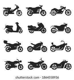 Motorcycles, motorbikes variety bold black silhouette icons set isolated on white. Bikes, choppers, cycles pictograms collection, logo. Motorsport, autobikes vector elements for infographic, web.