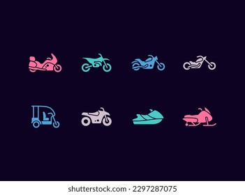 Iconos vectores de motocicletas y motocicletas. Iconos de vehículos de dos ruedas.