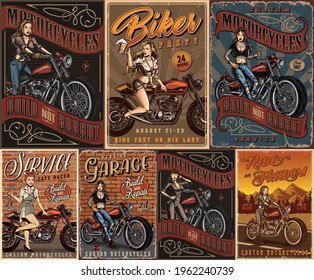 Motorcycles and pretty women vintage posters with beautiful motorcyclist girls biker party and motorbike garage repair service templates vector illustration