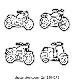 Motorcycles and scooter isolated on white background in line art style