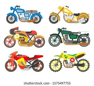 Motorcycles and scooters, bikes and choppers isolated icons vector. Speed race and delivery, fast vehicles, motor transport, sport and extreme. Driving or riding, motorbike speedy transportation