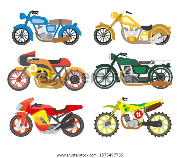 Motorcycles and scooters, bikes and\
choppers isolated icons vector. Speed race and delivery, fast\
vehicles, motor transport, sport and extreme. Driving or riding,\
motorbike speedy\
transportation