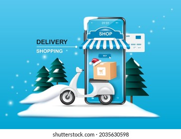 Motocicletas o scooters para entrega, estacionados frente a la tienda de smartphones con el árbol de Navidad en el fondo y todo sobre la nieve para entrega y concepto de navidad de compras en línea, vector 3d