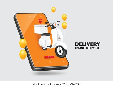 Motocicletas o scooters con caja de comida para entregar a los clientes en la parte trasera y todos flotan en pantalla de smartphone y globos flotando en el aire a su alrededor,vector 3d aislado para entrega y compras online