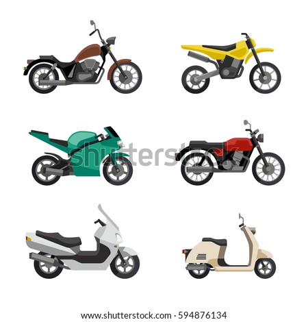 Motorcycles and scooters icons set in flat style. Vector illustrations of different type moto vehicles.