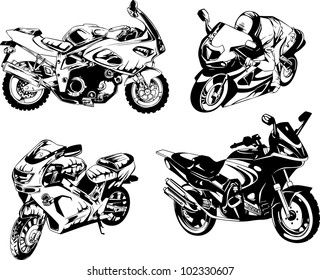 Motorcycles. Set of black and white vector illustrations.