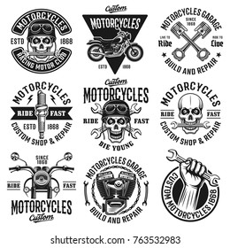 Motorcycles set of nine vector vintage emblems, labels, badges or logos in monochrome style isolated on white background