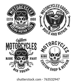 Motorcycles set vector emblems, labels, badges or logos with skull in vintage monochrome style isolated on white background