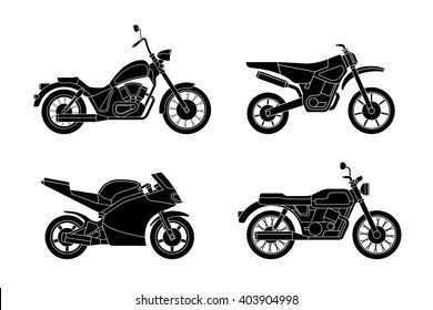 Motorcycles set. Vector silhouettes of different type motorcycles.