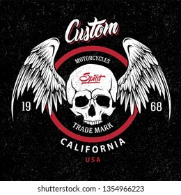 Motorcycles trademark emblem with winged skull in red circle on grungy black background vector illustration