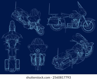 Motorcycles wireframe vector set. Sport bikes choppers road two wheel motor fast vehicle illustration isolated on blue background