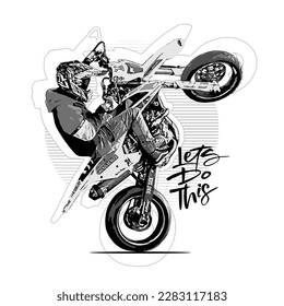 Motorcycle,vintage motorbike,jump free style, black and white vector illustration