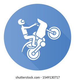 Motorcycling blue flat design long shadow glyph icon. Track, road rally, speedway, motocross racing. Person performing motorbiking stunt. Extreme sport. Vector silhouette illustration
