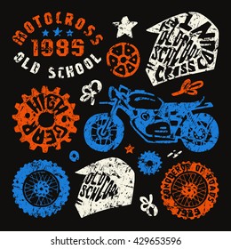 Motorcycling elements in hand-drawn style. Graphic design for t-shirt. Color print on black background