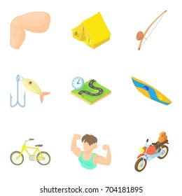 Motorcycling icons set. Cartoon set of 9 motorcycling vector icons for web isolated on white background