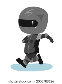 Motorcyclist in a black jacket and helmet. Biker uniform. Cartoon style. Funny character. Runs fast. Flat design. Isolated on white background. Vector